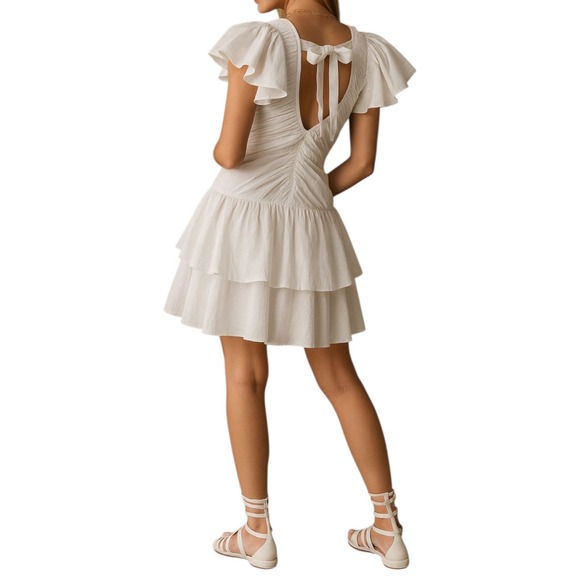LOVE THE LABEL Ruffled Tiered Mini Dress Sz‎ Medium White V Neck Cotton Regency - Picture 7 of 7